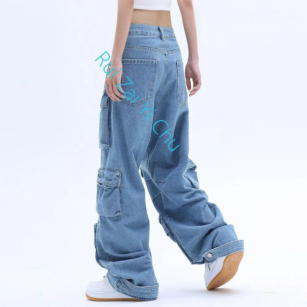 New Heavy Industry High-Quality Multi-Pocket Best-Selling Jeans Women Street Hip-Hop Straight High Waist Wide-Leg Pants 2023 Y2K