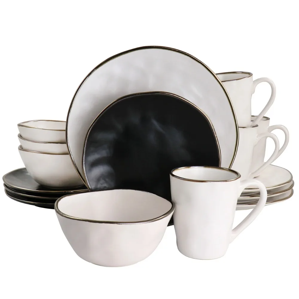 

Dinner Plates Set 16 Piece Stoneware Dinnerware Set in Assorted Matte With Gold Rim Free Shipping Food Plate Dish Sets Tableware