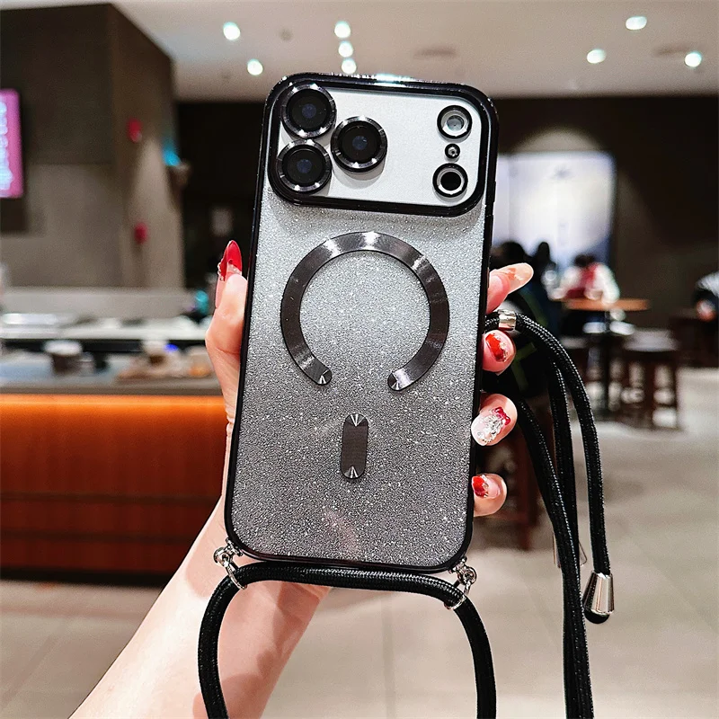 Glitter Magnetic Crossbody Lanyard Phone Case with Magsafe-Compatible Soft TPU Back Cover