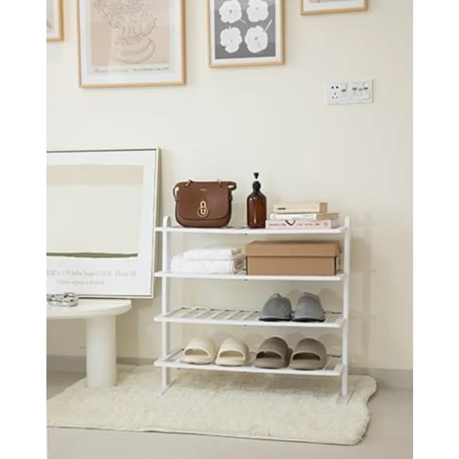 White Shoe Rack 4Tier Bamboo Shoe Rack Organizer for Closet and Entryway Thick Wooden Free Standing Shoe Shelf for Small Spaces