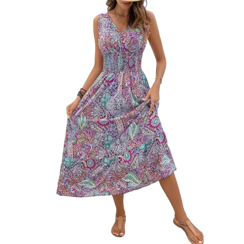 

Women Dress V Neck Sleeveless Off Shoulder Tight Waist Print Tight Elastic Waist Mid-calf Length Summer Midi Dress