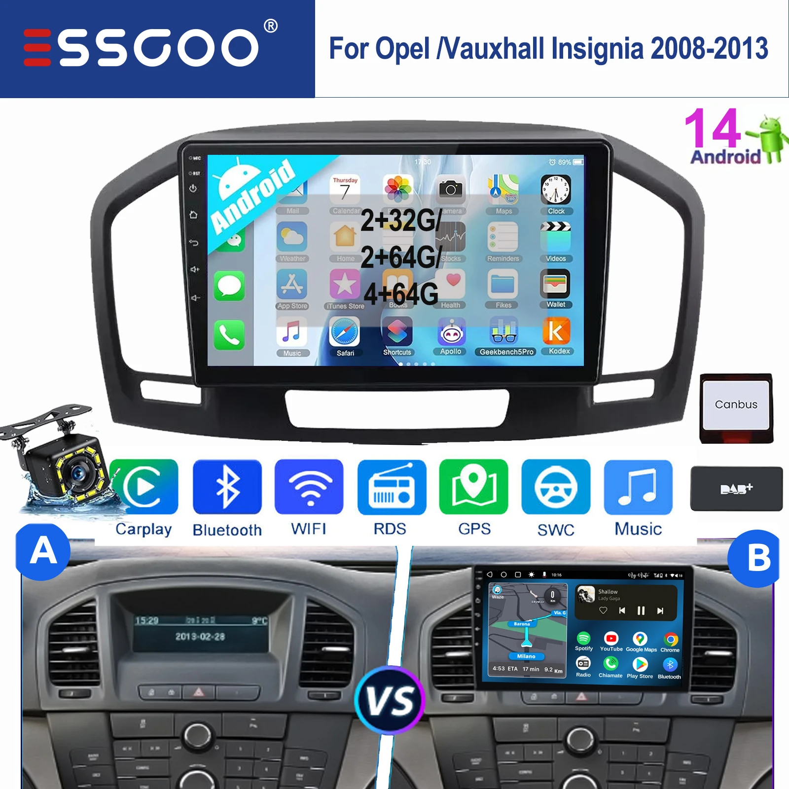 ESSGOO Android 14 2 DIN Autoradio 9 Zoll IPS Touchscreen Multimedia Player Für Opel Insignia 2008-2013 Wireless Carplay Android Auto GPS Navigation WIFI Bluetooth Mirror Link FM SWC RDS ASP Sound