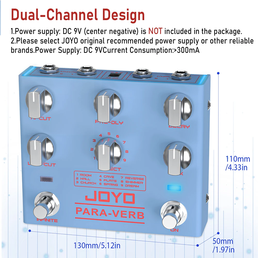 R-31 PARA-VERB Reverb Pedal Infinite & Trail Function 9 Stereo Reverb Effects Pe