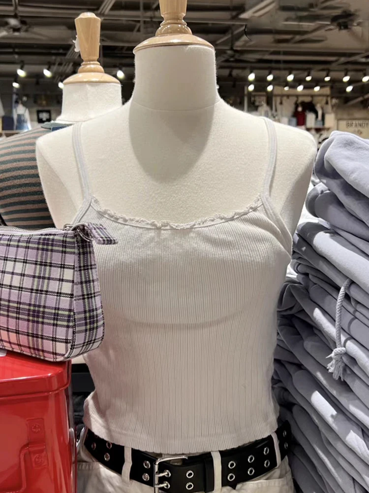 

Vintage Ribbed Lace Crop Top Women Casual Summer Sweet Sleeveless Soft Cotton Y2k Tank Tops Female Classic Solid Cute Camis 2023