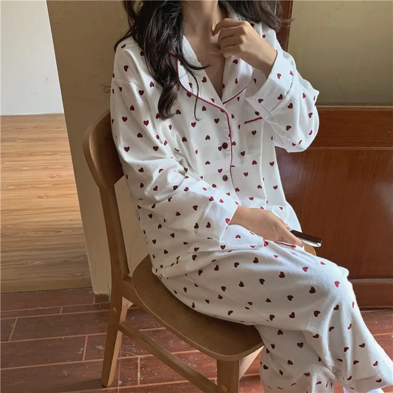 100% Cotton Women's Pajamas Sets Autumn Winter Sleepwear Heart Print  Knitted Pyjama Ladies Pijama Mujer 2 Piece Pjs Homewear - AliExpress