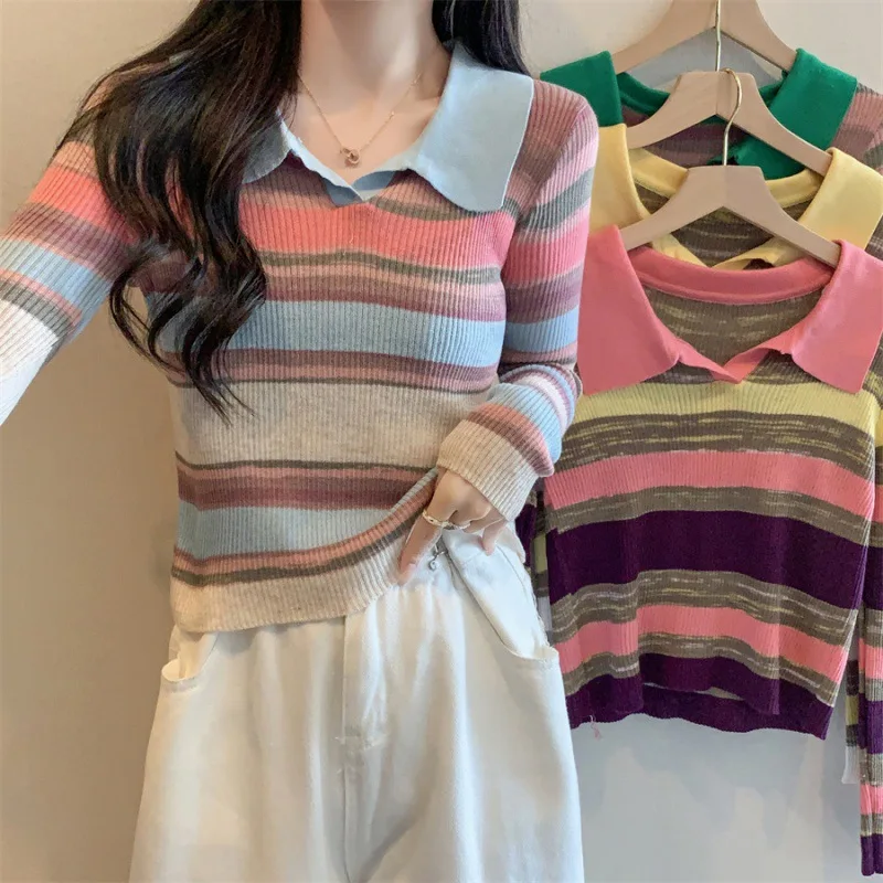 

Womens Autumn Long Sleeve Turtleneck Sweater Colorful Rainbow Stripes Short Crop Tops Bodycon Ribbed Knitted Basic Pullover Jump