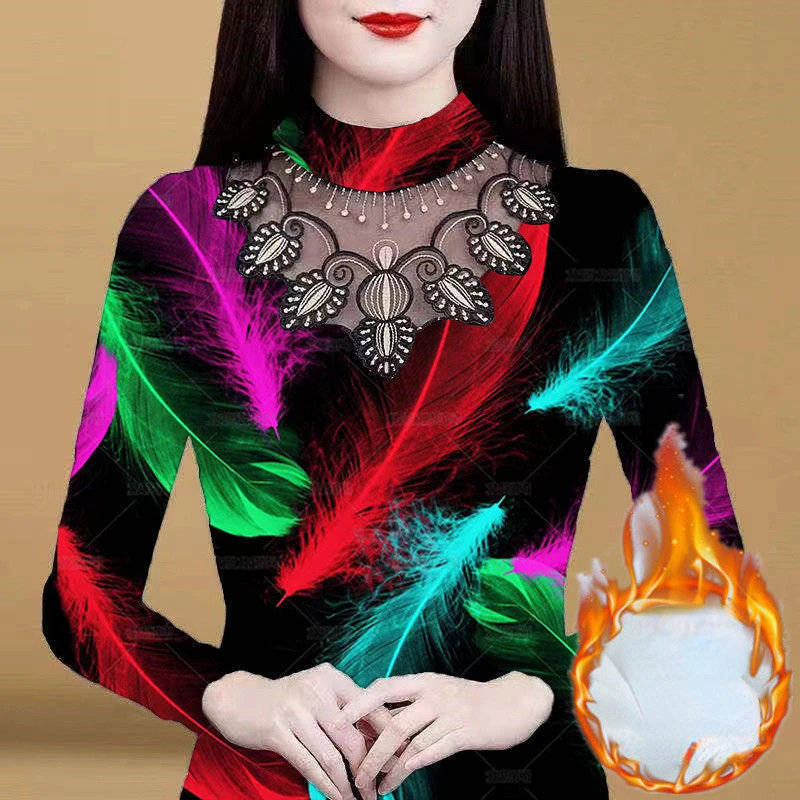 

Thin/ Thick Half High Neck Lace Bottoming Shirt Tops Female Long-sleeved Winter New Warm Print Pullovers Tshirt M-4XL