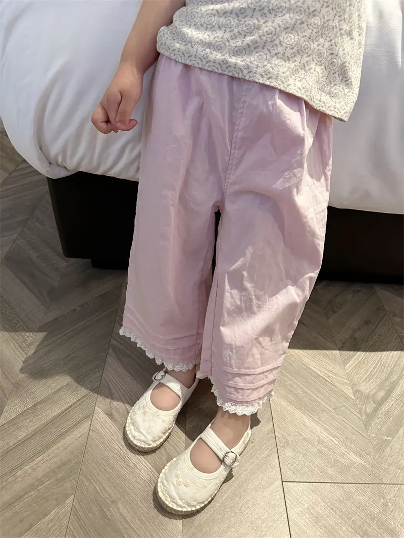 

Girls summer pure cotton lace Korean long pants casual children's outerwear straight leg pants wide leg pants
