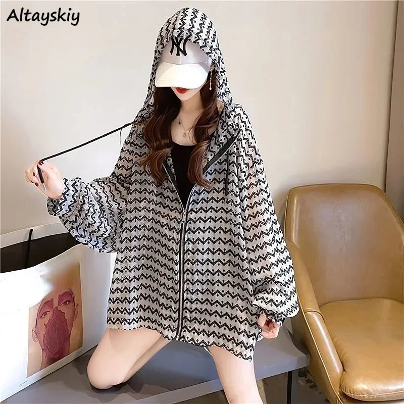 

Basic Jackets Women Breathable Summer Thin Clothing Striped Sun-proof Korean Style Zipper Casual Loose Holiday Popular Cozy Ins