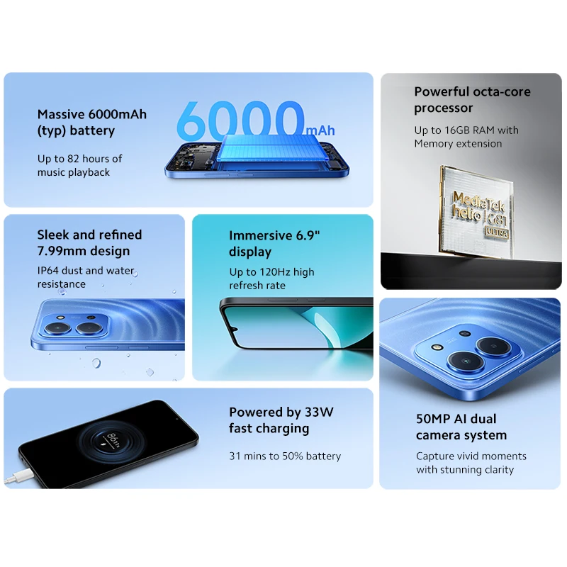 Xiaomi Redmi 15C Smartphone Global Version MediaTek Helio G81-Ultra 120Hz 6.9" Dot Drop display 33W charging