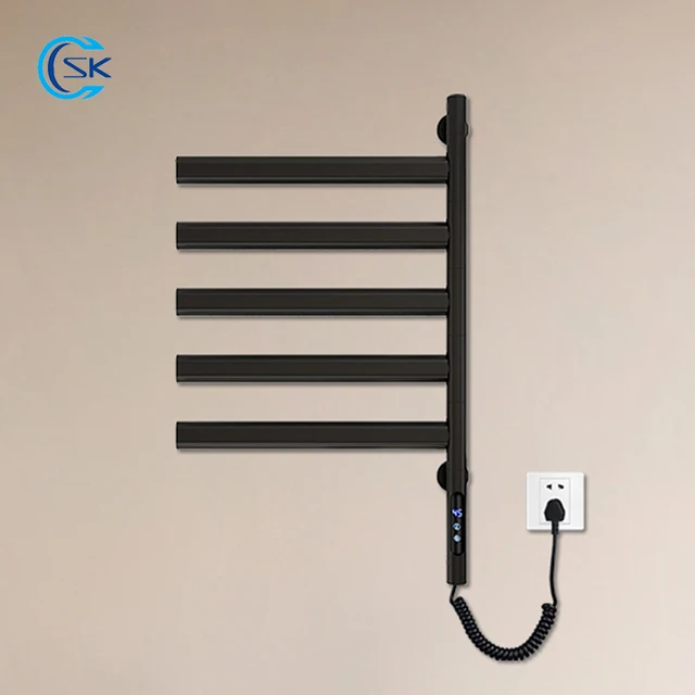 ห้องน้ํา Rotatable ผ้าเช็ดตัวสีดําอุ่นอุณหภูมิควบคุม Timing ราวแขวนผ้าเช็ดตัวไฟฟ้าสแตนเลสชั้นวางผ้าเช็ดตัวไฟฟ้า 1