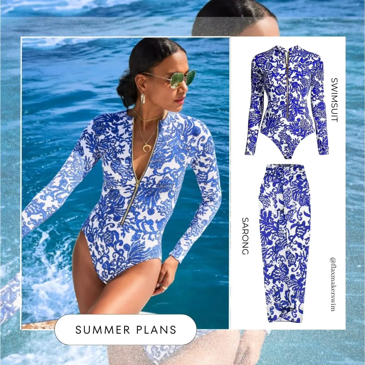2024 Swimsuit Long Sleeve Zip Blue White One Piece  Swimwear Women  Vacation Beachwear Luxury Bathing Suit Bikini surfing suit