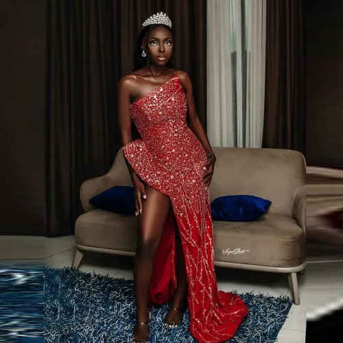 

Stunning Mermaid Evening Dresses Strapless High Slit Plus Size Beaded With Train Aso Ebi Women Formal Long Prom Dressing Gown
