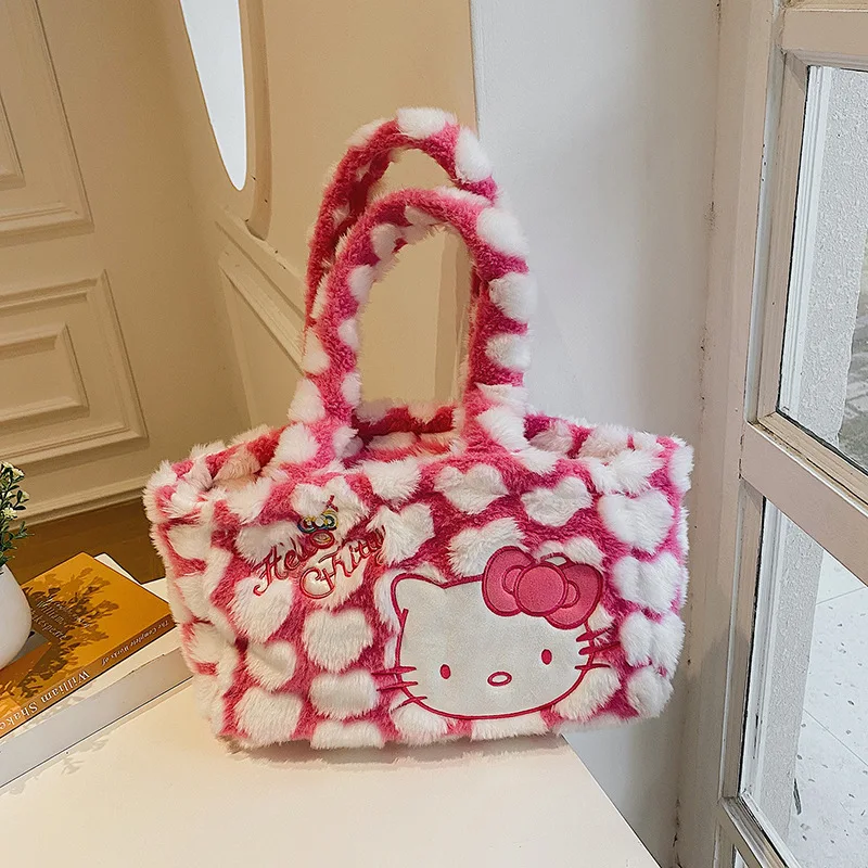 Hello Kitty Plush Shoulder Bags For Women Female Winter Plush Underarm Bags Leopard Zebra Pattern Fluffy