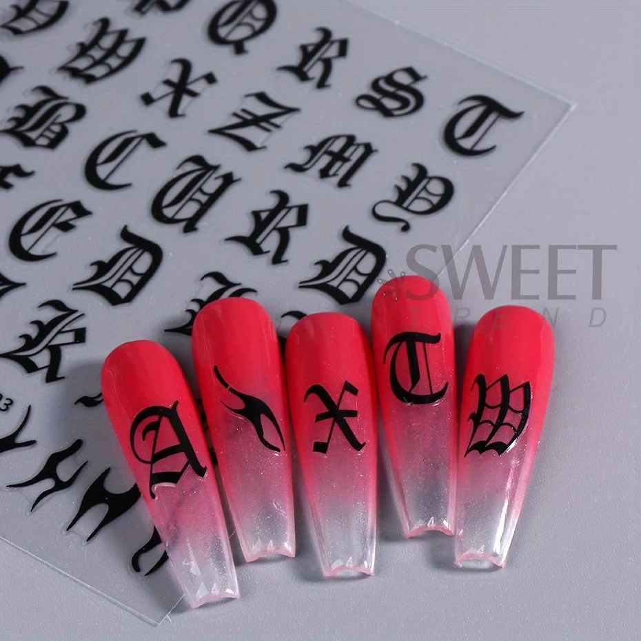2pcs Gothic Letter Nail Sticker Black White Cool Design English Alphabet Adhesive Slider Y2K Inscription Manicure Decoration Tip