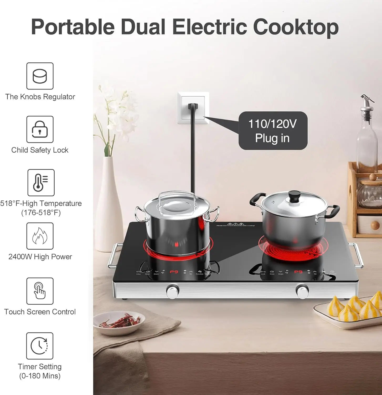 Electric Stove Top with Knob Control,9 Power Levels, Kids Lock & Timer,LED touch control,Overheat Pr