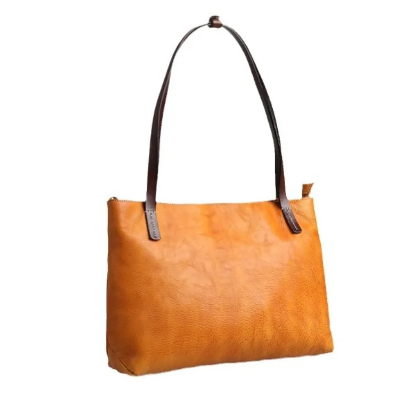 

European and American Retro Vegetable Tanned Leather Women's Large Bag with Oil Wax Soft Cowhide Simple Portable Tote Bag