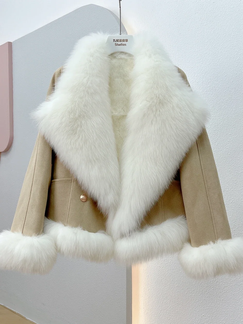 Rex Rabbit Collar Fox Fur Coat Lining Large 2023 Winter New Suede Splicing Single Button Thick Warm Slim Jackets Women‘s Clothes