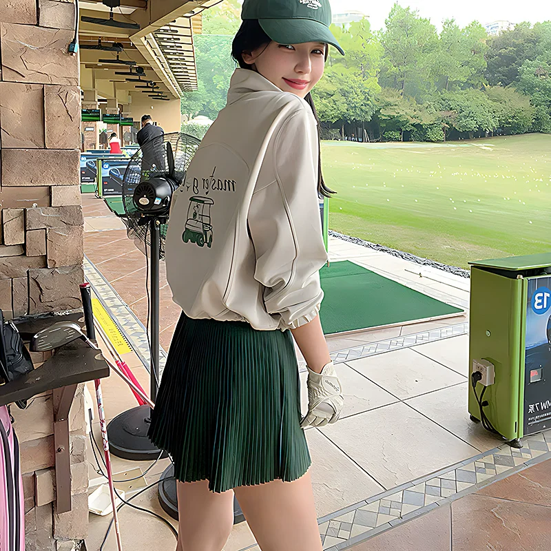 MG golf autumn and winter new jacket thick long sleeve stand collar coat women sports top green pleated skort shorts pants