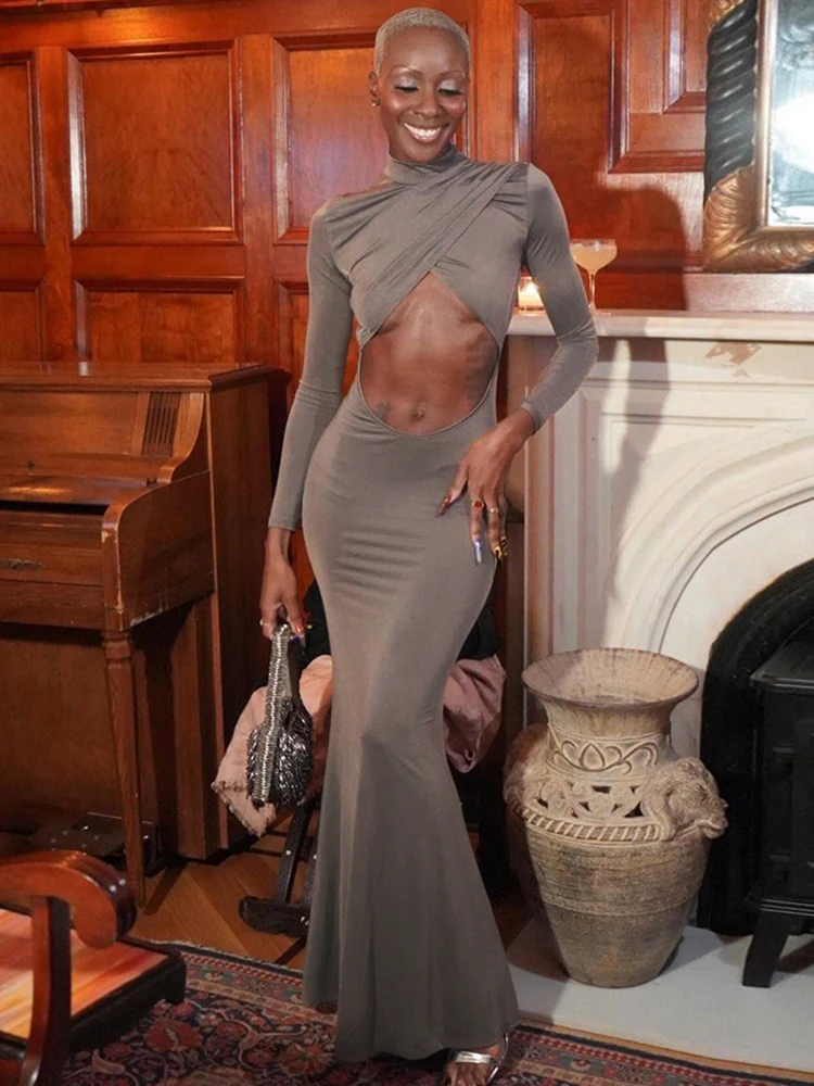 Nibber Sexy Hollow Dress Women Cross Pleats Turtleneck Solid Stretch Full Sleeve Elegant Trend Prom Party Basic Long Bodycon