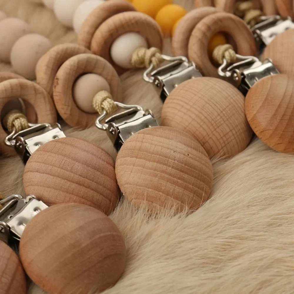 Natural Beech Wooden Pacifier Clips Dummy Holder Chain Wood Nipple Clip for Baby Teether Chew Toys Nursing Accessories 5/10Pcs