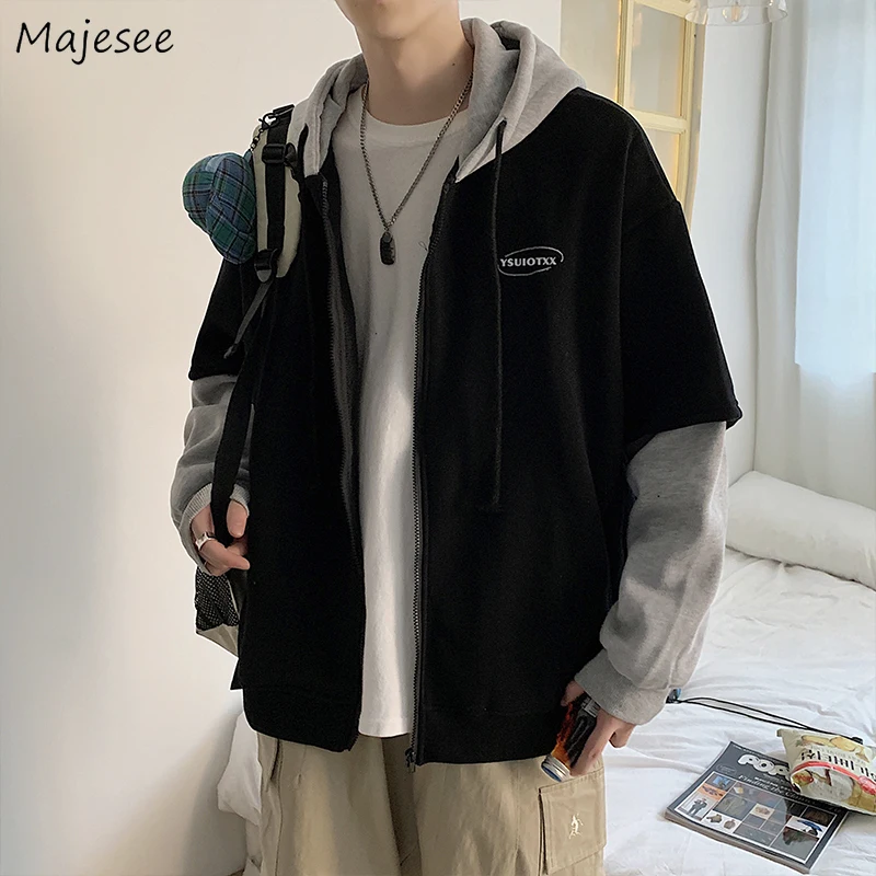 

Men Hoodies Harajuku Fake Two-piece BF Sweatshirts Hooded Patchwork Spring Autumn Safari Preppy Collage Students Loose Outwear