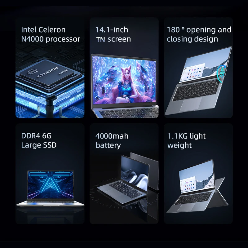 BYONE 14.1 Inch Laptop Intel N4000 8GB RAM 256GB 512GB SSD Windows 11 Notebook 1366*768 HD LCD Wifi HDMI USB laptop PC 2