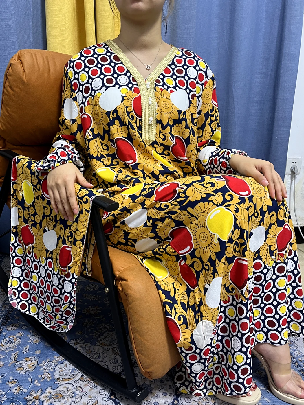 Abayas For Women 2023 Fashion Apple Printed Cotton V-neck Long Sleeves Loose Femme Robe African Dresses With Belt Headscarf