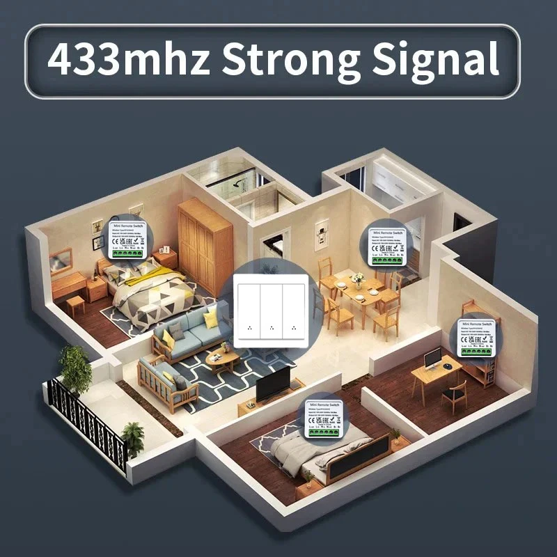 RF 433MHz Wireless Smart Wall Light Switch Panel Remote Control Mini Relay Receiver 1/2/3 Gang Push Button for LED Lightings Fan