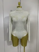 Luxury White Full Pearl Long Sleeved Stretch Bodysuit Women Birthday Evening Party Celebrate DJ Performance Nightclub Stage Wear