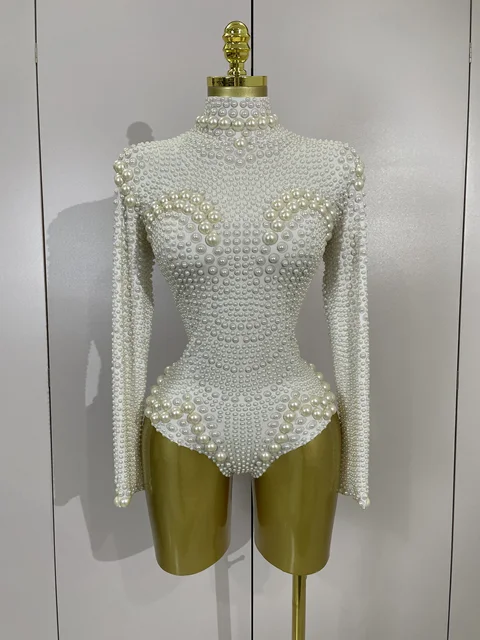 Luxury White Full Pearl Long Sleeved Stretch Bodysuit Women Birthday Evening Party Celebrate DJ Performance Nightclub Stage Wear