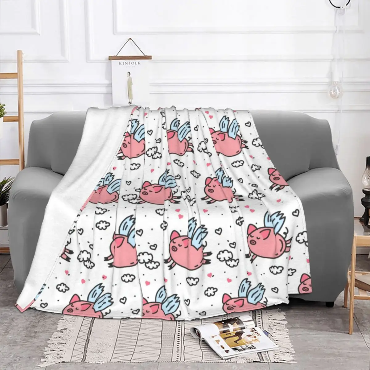 Pink Pig Cartoon Blankets Animals Lover Fleece Novelty Warm Throw Blankets for Bedspread Autumn/Winter