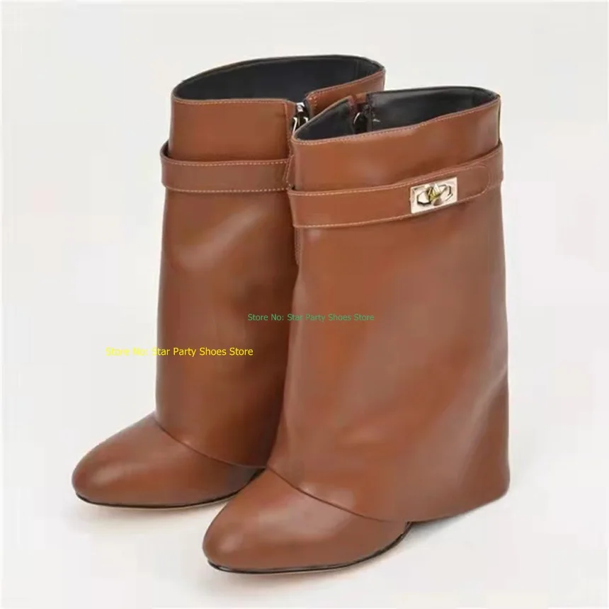 

Fashion Woman Shark Lock Fold Wedge High Heel Spring Autumn Boots Round Toe Female Slip On Ankle Short Boots