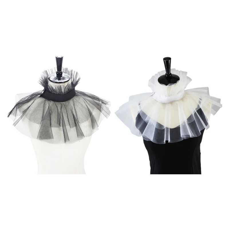 

Women Vintage Victorian Mesh Ruffled Fake Stand Collar Layered Tulle Button Closure Neck Ruff Clown Choker Shawl Wrap Cosplay