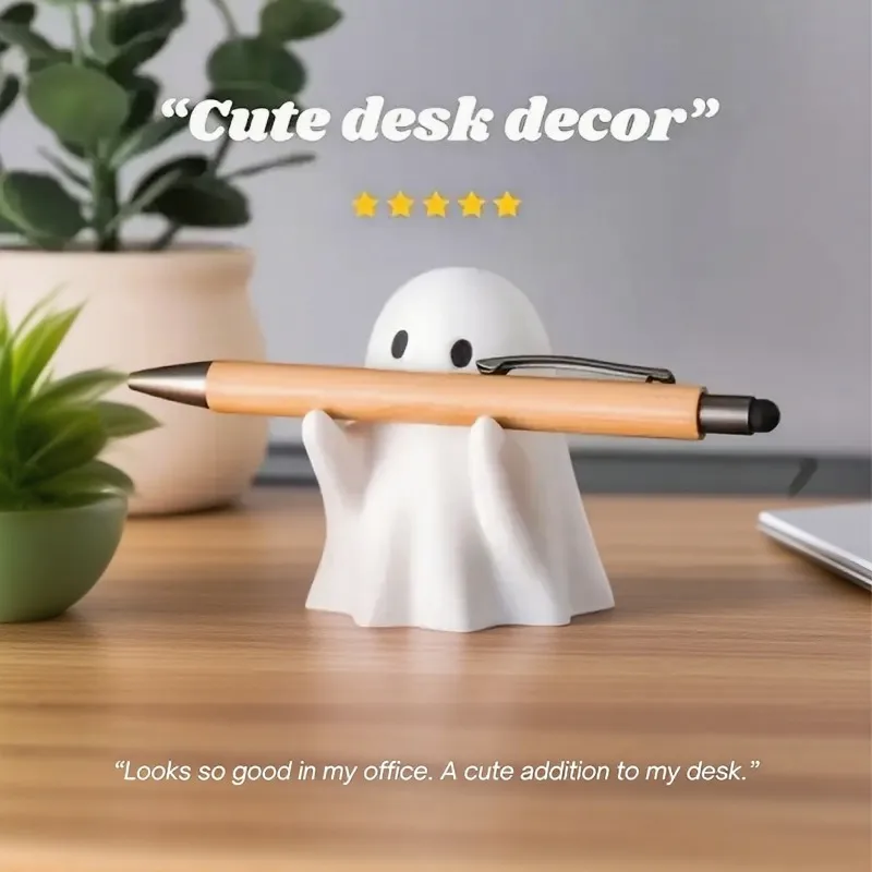 Halloween Ghost Pen Holder Cute Little Ghost Statue Design Pencil Support For Home Office Desktop Decoration