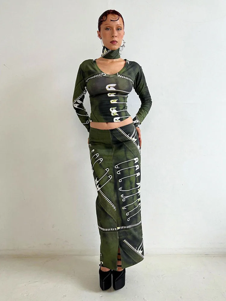 

Apprabant Autumn Winter Women Clothes Mini Skirt Suit O Neck Full Sleeve Tops Specially Pin Printing Design Spice Girls Style