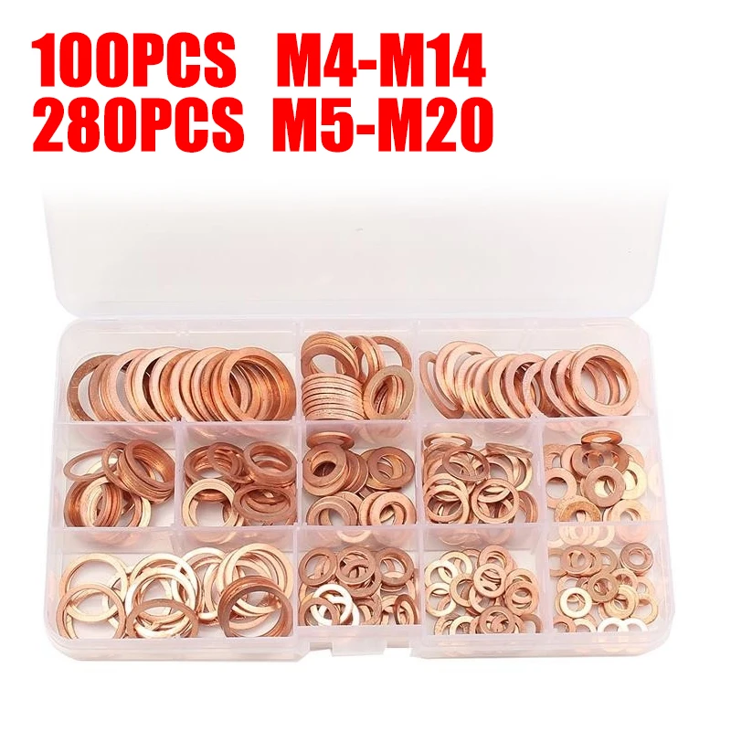 

100PCS/280PCS Copper Washer Gasket Nut And Bolt Set Flat Ring Seal Assortment Kit M4/M5/M6/M8/M10/M12/M14/M20 For Sump Plugs