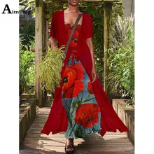  Women Elegant Maxi Dress Bohemian Flower Print Dresses Two Piece Robe And Chiffon Veil 2022 Summer Vintage Long Straight Dress 