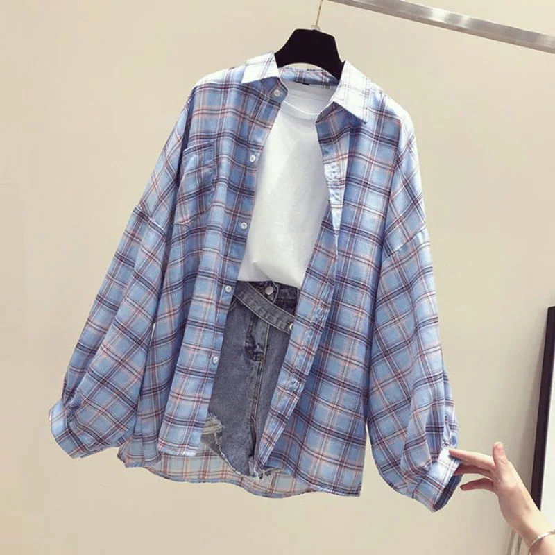Korean Style Plaid Classic Loose Shirts Blouse Women Daily Cute Student Women Clothing Fashion Vintage Shirt