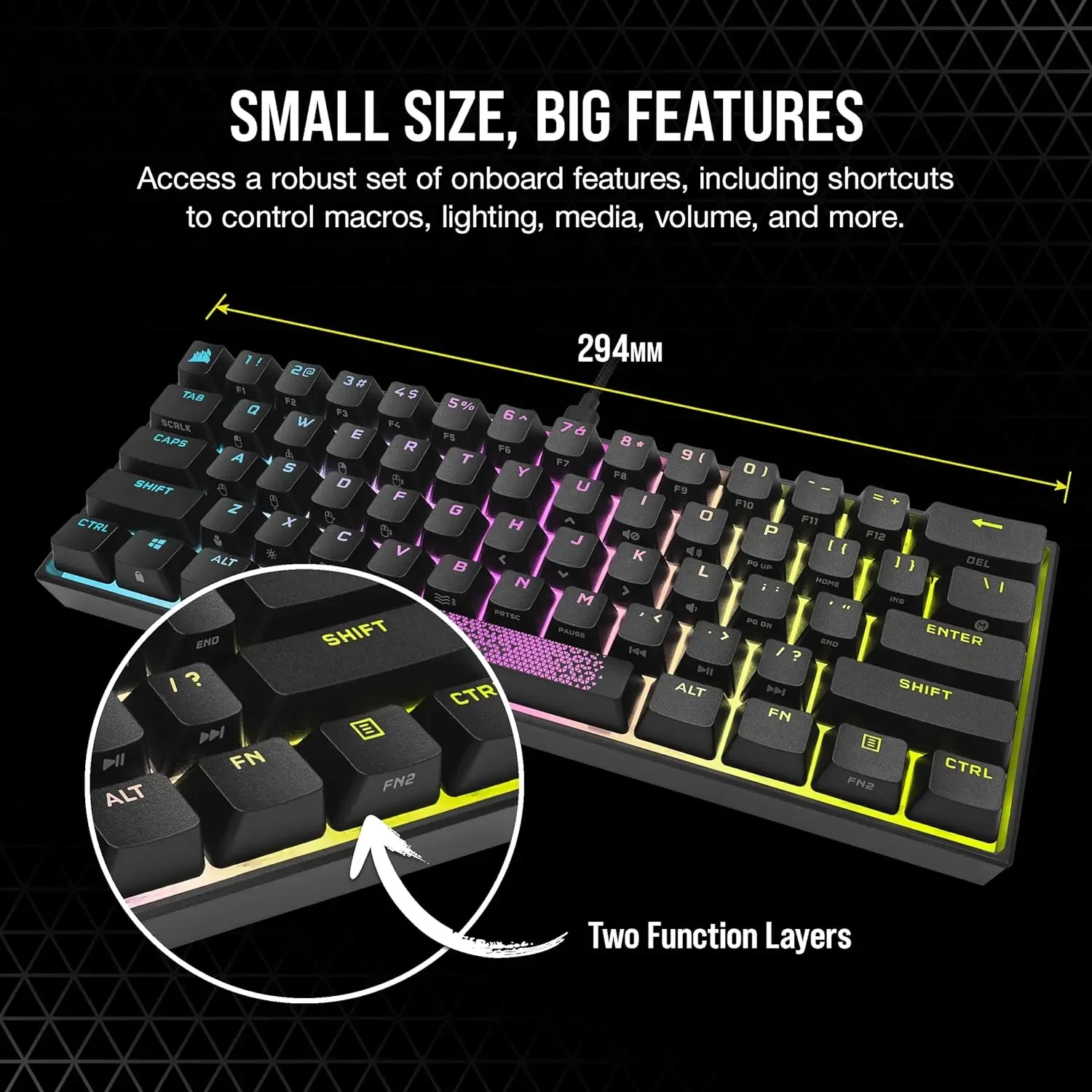 커세어 K65 RGB 미니 60% 기계식 게이밍 키보드, 키당 사용자 정의 가능, RGB 백라이트, 체리 MX 레드 기계식 키스위치