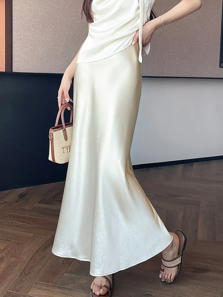 Zoki Chic Satin Elegant Long Skirt Women Casual Fashion High Waist Sweet Trumpet Skirts Slim Summer Female Korean Long Skirts 3