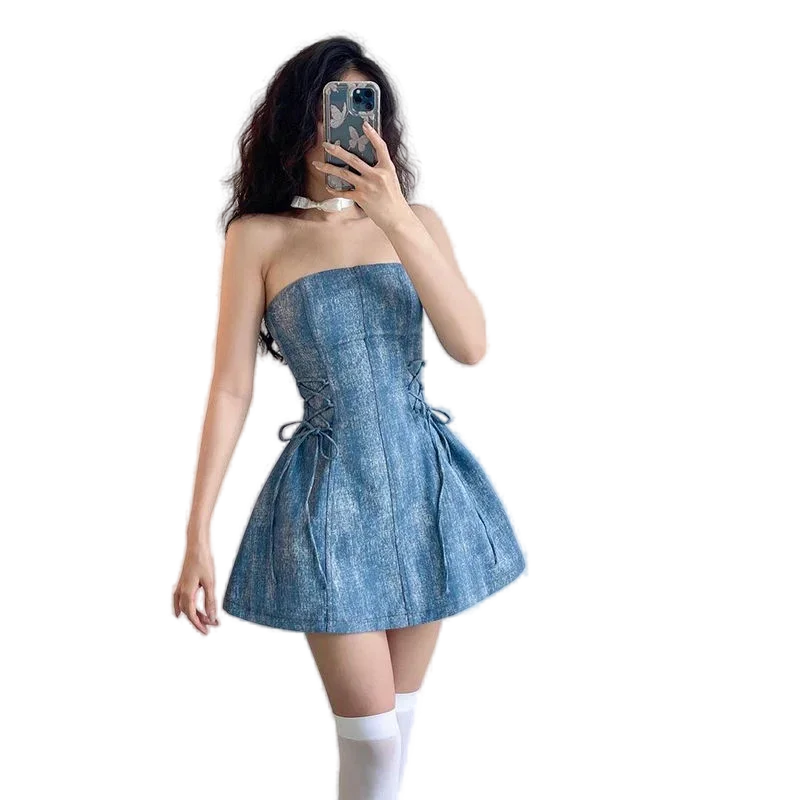 

Breasted denim dress female thin Slim design sense drawstring A line short summer dress Hong Kong flavor pure desire spicy girl