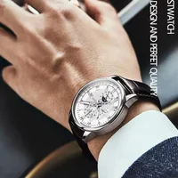 Montre de marque de luxe pour hommes, tendance, haut de gamme, légère, polyvalente, bracelet en cuir, faux trois yeux, mode Business 5