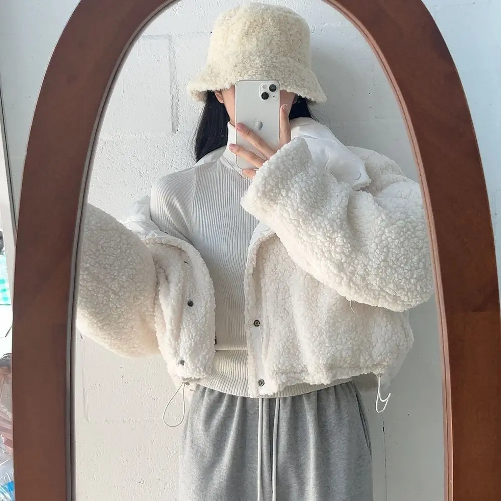 Korean Double-Sided Wear Lamb Fur Patchwork Down Cotton Jacket Women's Autumn Winter Fashion Short Big Lapel Student Bread Coat