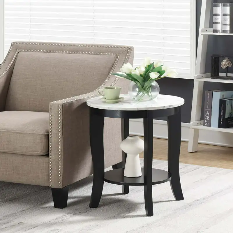 

Round End Table with , White Faux Marble/Black