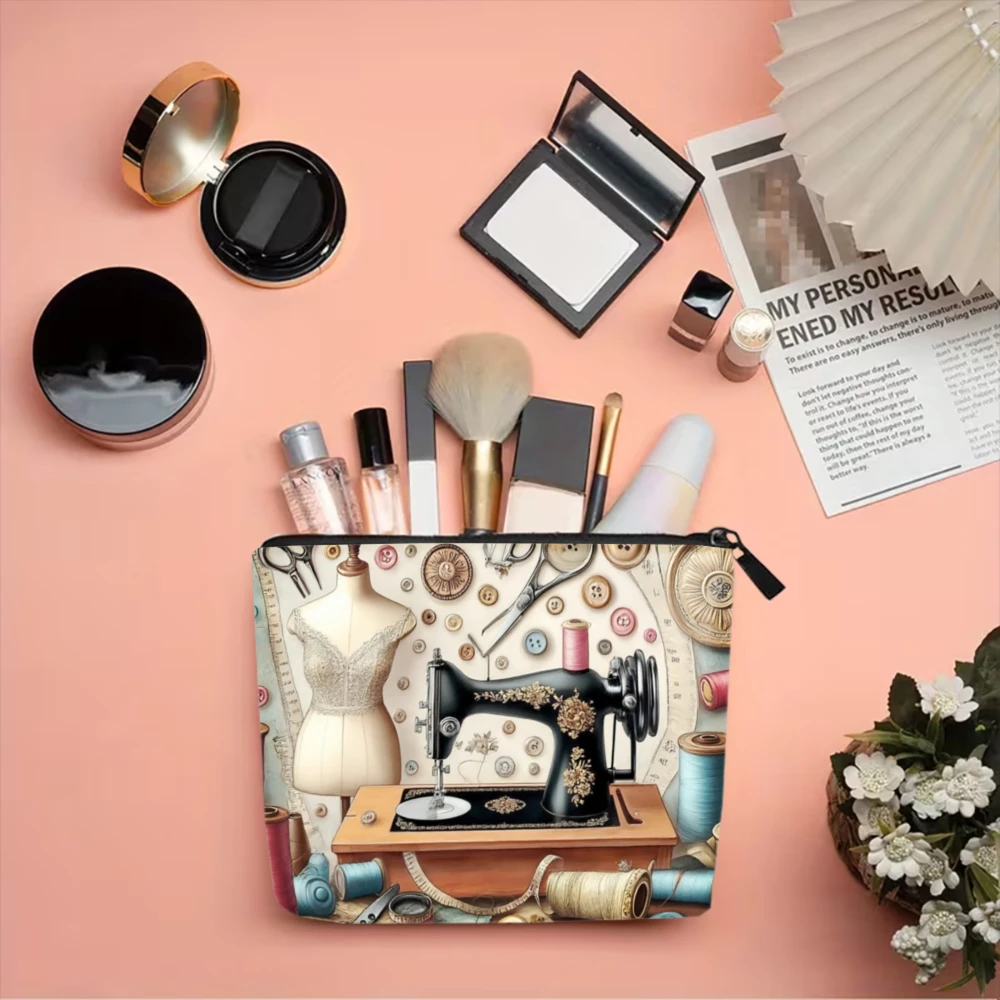 Kosmetiktasche mit Vintage-Nähmaschinen- und Stoffdruck, Make-up-Organizer mit Reißverschluss, leicht, faltbar, Reiseetui, Aufbewahrungstasche – Detail 4