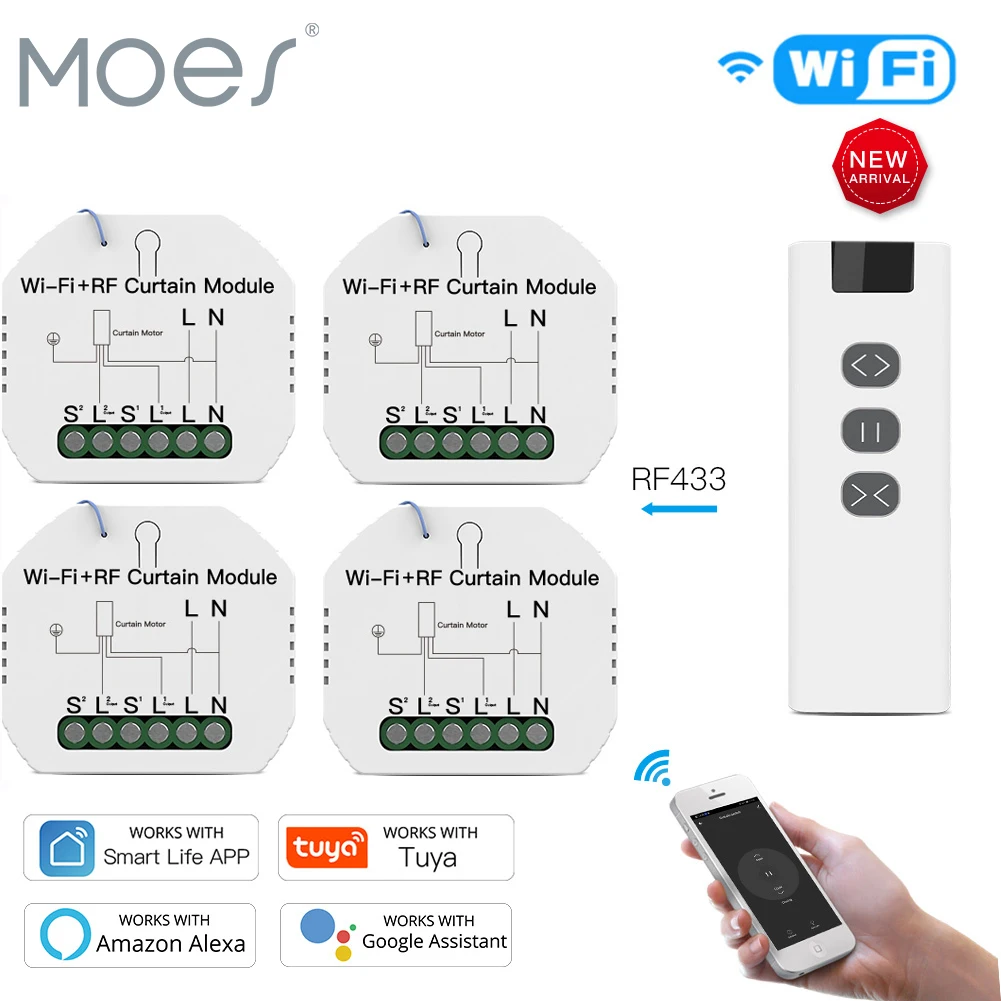 MOES 투야 와이파이 RF 롤러 블라인드, 커튼 제어 모듈, 셔터 스위치, 전기 모터 리모컨 포함, 선스크린 구글 홈 알렉사
