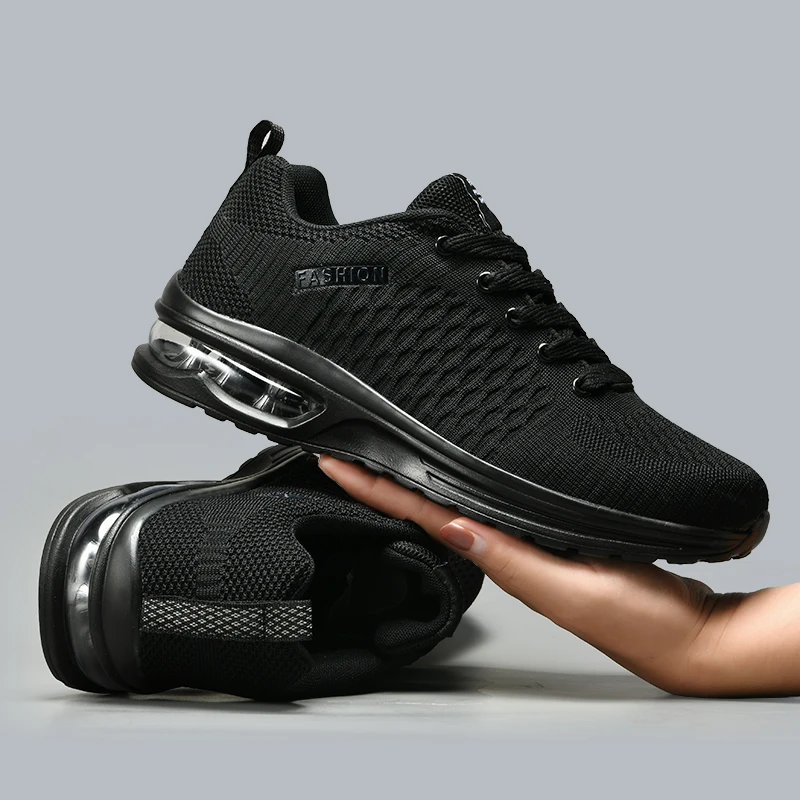 Men’s big‑size breathable mesh lace‑up outdoor running shoes with anti‑slip sole black 3