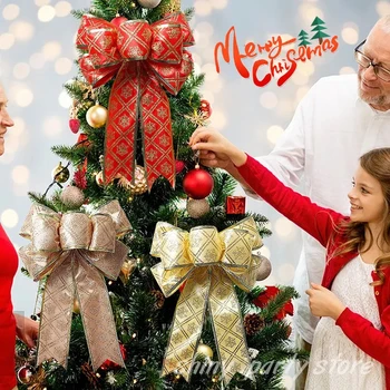 35×24cm New Bow Knot Snowflake Plaid Bow Knot Christmas Tree Decoration Holiday Atmosphere Large Gold Border Bow Knot Gift Decor