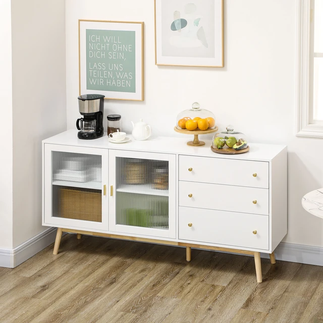 Aparador cocina con 2 puertas y 2 cajones madera y vidrio blanco